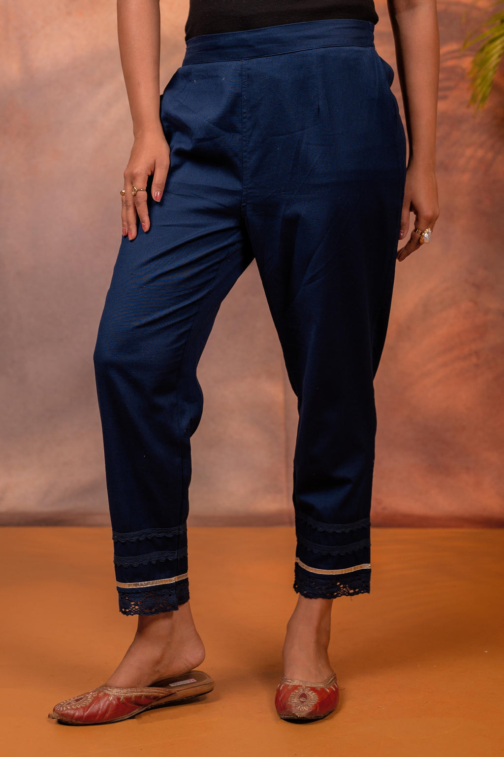 Juniper Navy Solid Cotton Flex Slim Fit Women Pants With One Pocket
