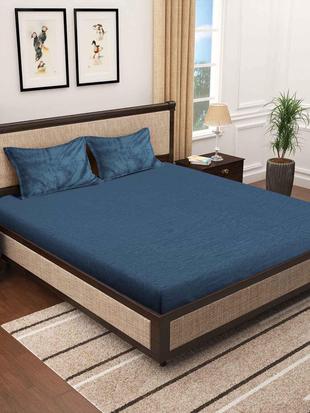 KLOTTHE Turquoise Blue 300 TC Woolen Fitted King Bedsheet With 2 Pillow Covers