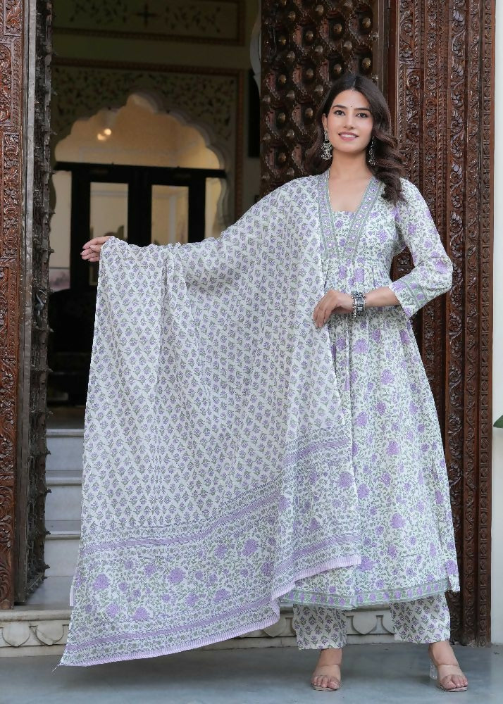 Jaimini Women Cotton Printed V-Neck 3/4 Sleeves Calf Length Flared Kurta Pant And Dupatta Set