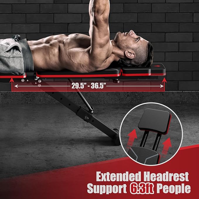 Adjustable Weight Bench, Bench Press for Full Body Workout, Foldable Workout Bench for Home Gym, Strength Training Bench to Incline Decline Flat w/Leg Extension and Headrest