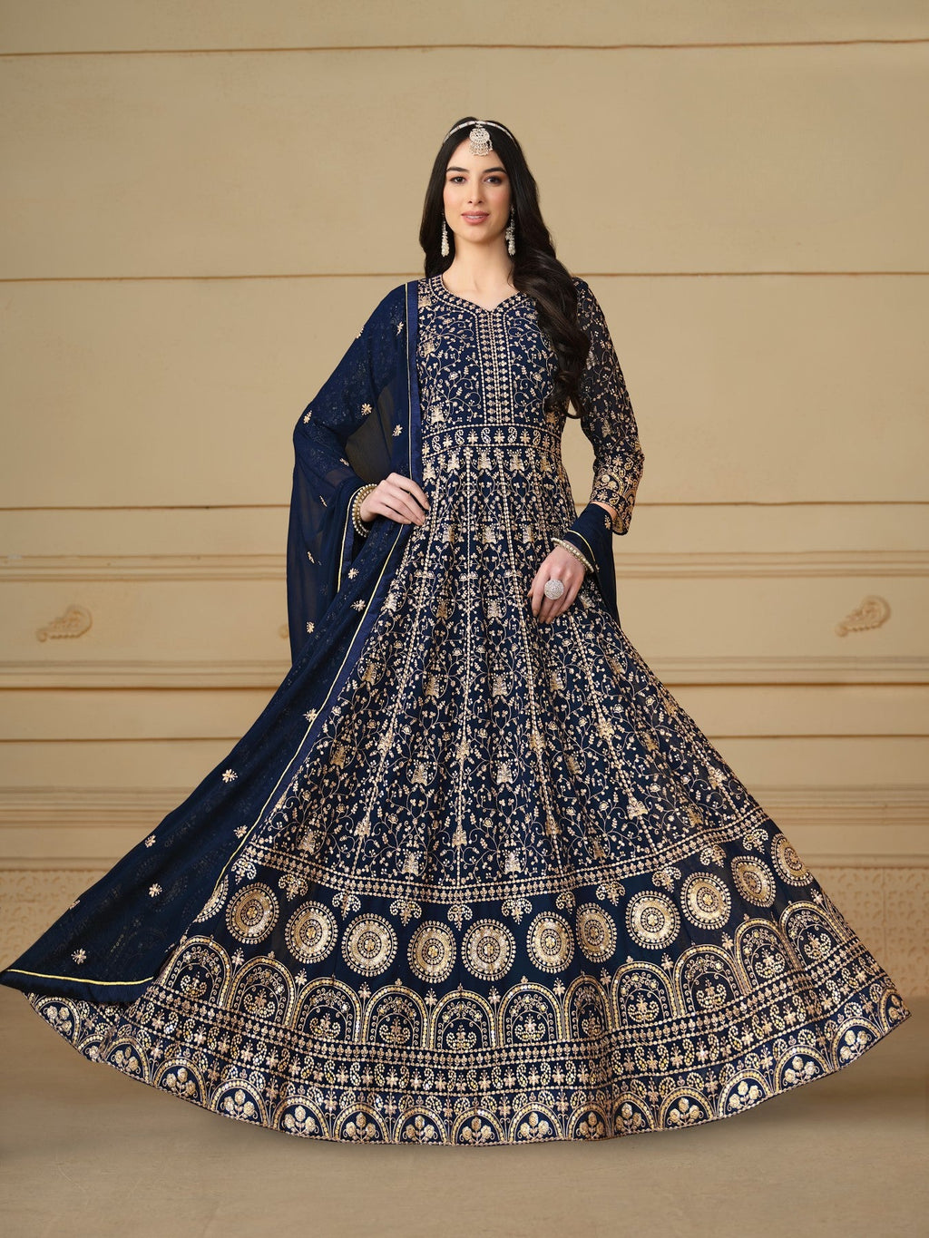 Anaita Navy Blue Embroidered Faux Georgette Anarkali Suit
