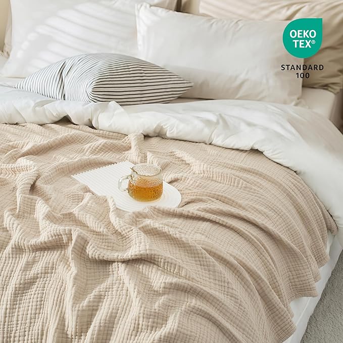 Carriediosa 100% Cotton Muslin Throw Blanket 108" X 90" King Size，4-Layers Summer Gauze Throws for Bed Couch，Soft Lightweight Breathable Linen Blankets Bedspread for Adults All Season，Khaki
