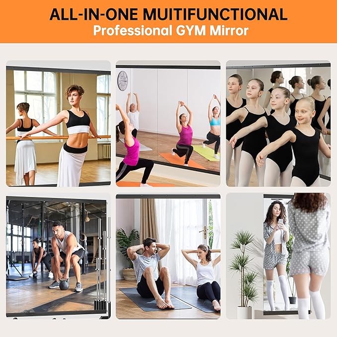 Hasipu 3 Pcs 55''x17'' Home Gym Mirror Large Full Length Wall Mounted Full Body Mirror for Yoga Dance Fitness Exercise Studio Bedroom Garage, Frameless Tempered Glass Workout Mirrors Black Rectangular