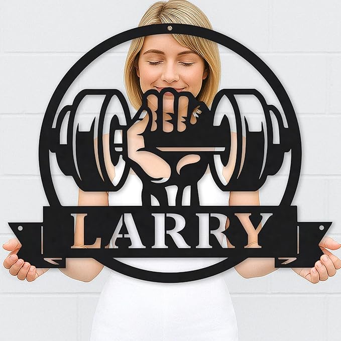 Personalized Metal Gym Sign - Custom Name Barbell Dumbbell Laser Cut Weightlifting Exercise Wall Decor