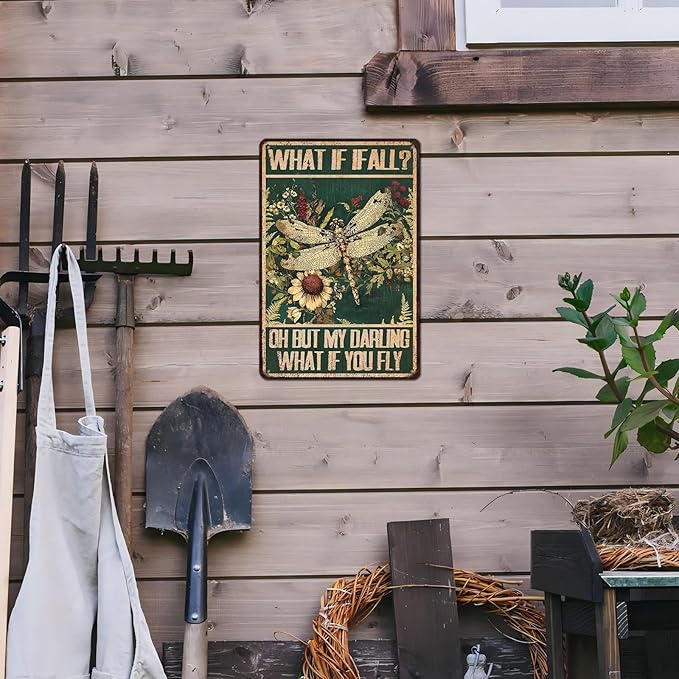 Dragonfly Vintage Tin Sign What If I Fall Metal Tin Sign for Home Bedroom 12 * 8inch