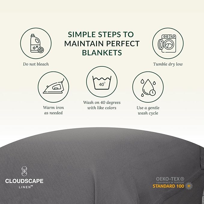 Cloud Scape Linen 100% Cotton Queen Size Blanket, Herringbone Pattern, Lightweight Summer Blanket,Best Gifts for Women, fits Full Size Bed, 92 x 92, Dark Grey