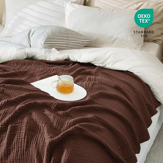 Carriediosa 100% Cotton Muslin Throw Blanket 66" X 90" Twin XL Size，4-Layers Summer Gauze Throws for Bed Couch，Soft Lightweight Breathable Linen Blankets Bedspread for Adults All Season，Dark Brown