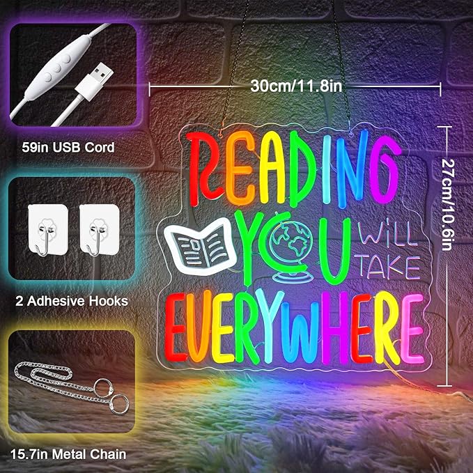 Reading Will Take You Everywhere Neon Sign,Classroom Neon Sign,Read Neon Signs for Classroom Inspirational Letter Led Sign Dimmable Classroom Neon Lights for Bedroom Dorm Library Bookstore
