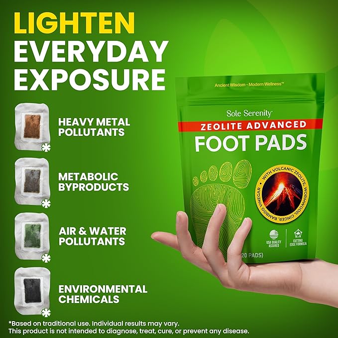 Sole Serenity Foot Pads - Zeolite Mineral, Ginger Root, Wormwood, Bamboo Vinegar, Foot Spa for Achy Feet - 20 Pads