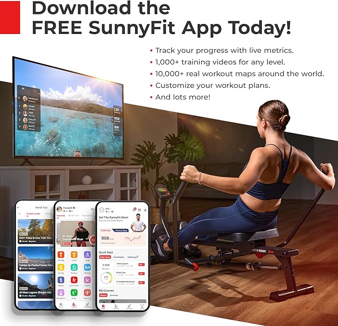 Sunny Health & Fitness Magnetic Rowing Machine for Home Exercise, Quiet & Smooth Rower with Compact Storage and Optional Free SunnyFit App Connectivity