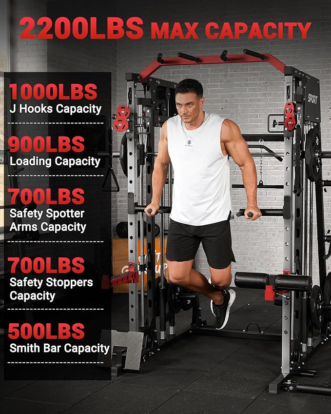 Smith Machine Home Gym All in One, 2200LBS Squat Rack Power Cage with Smith Bar, LAT Pull-Down, Cable Systems, Leg Hold-Down and More Attachments, Workout Equipment (Red Black)