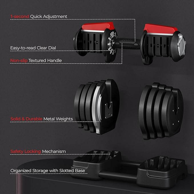 Yaheetech Adjustable Dumbbell Set Free Weight Dumbbells 40lbs/52.5lbs/90lbs Fast Adjust Dumbbells Dumbbell Weight Set, with Tray for Men/Women Strength Training Equipment