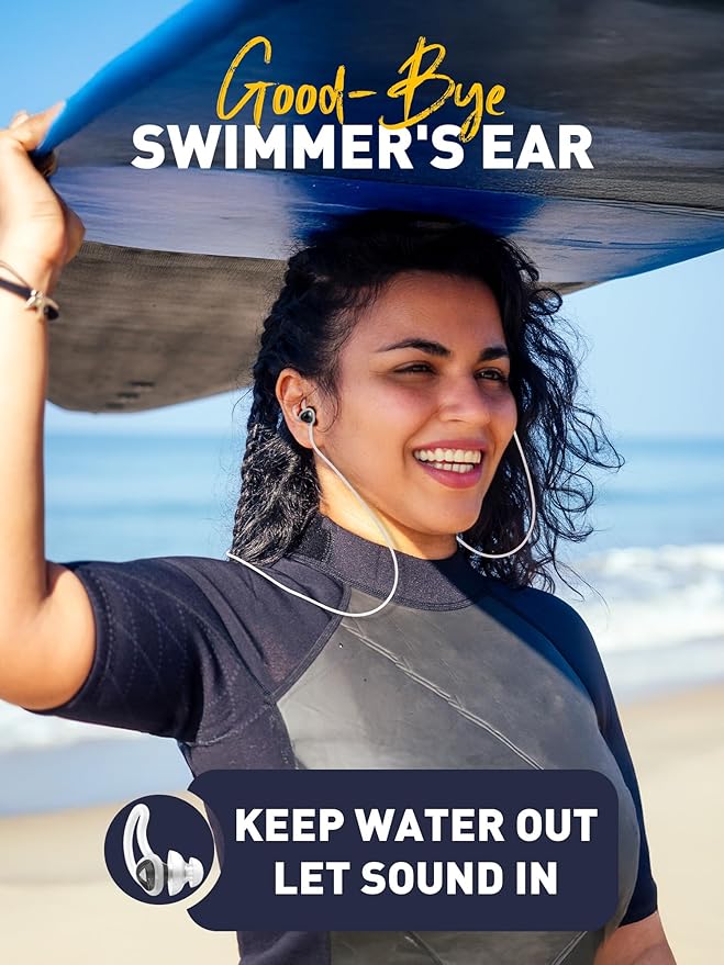 Ear Plugs for Swimming and Surfing with Lanyard, Block Out Water Let Sound in, Reusable Comfy Custom-fit Swimmer Earplugs for Snorkeling, Shower, Pool, Swim, Bath, Kayaking, incl Carry Case