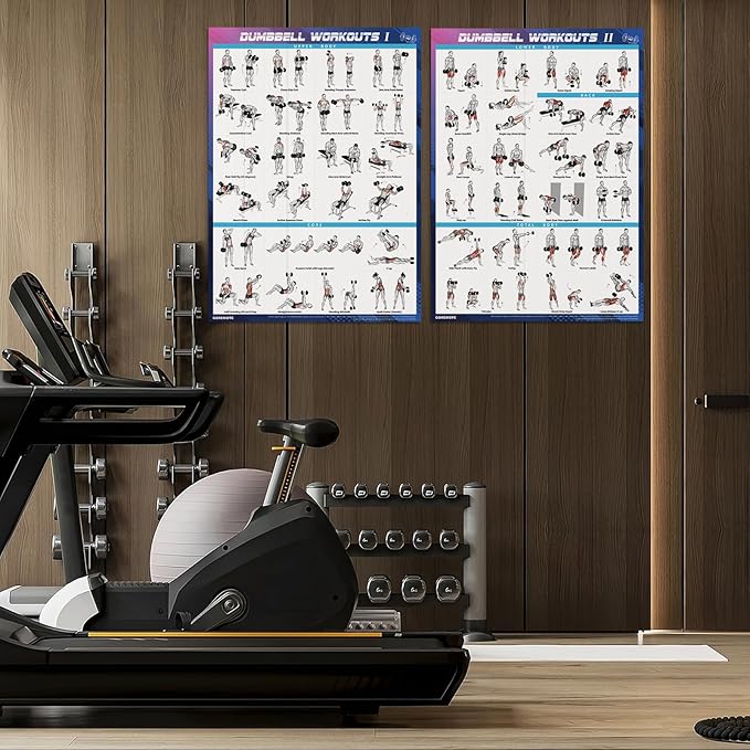 Dumbbell Workout Poster Set (2 Pack) - Workout Charts for Home Gym, Volume I & II - 18" x 24" with Enlarged Dumbbell Exercise Illustrations