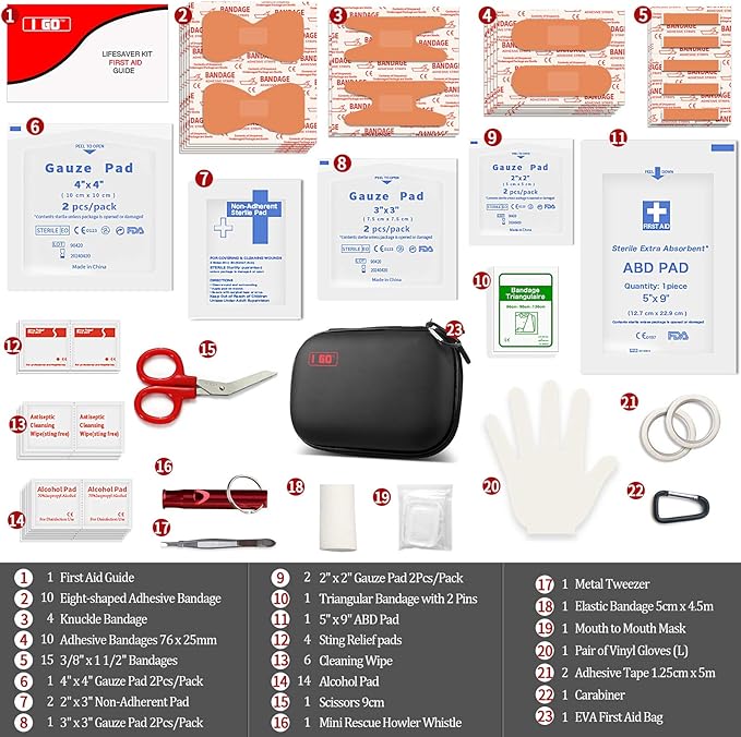 I GO 85 Pieces Hard Shell Mini Compact First Aid Kit, Small Personal Emergency Survival Kit for Travel Hiking Camping Backpacking Hunting Marine Car