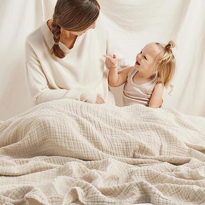 Carriediosa 100% Cotton Muslin Throw Blanket 66" X 90" Twin XL Size，4-Layers Summer Gauze Throws for Bed Couch，Soft Lightweight Breathable Linen Blankets Bedspread for Adults All Season，Khaki