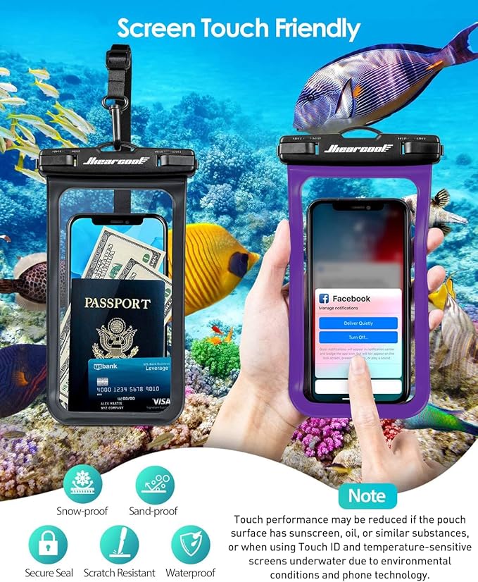 Hiearcool Universal Waterproof Phone Pouch Compatible for iPhone 17 16 15 14 13 Pro Max Plus Up to 8.3", IPX8 Beach Travel Essentials-Black&Purple-2Pack