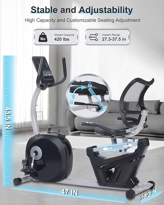 Recumbent Exercise Bike, Recumbent Bike for Home with Smart Workout APP - Recumbent Bikes with Ergonomic Backrest and Comfort Seat, 420LBS Weight Capacity, Larger Backlit Display