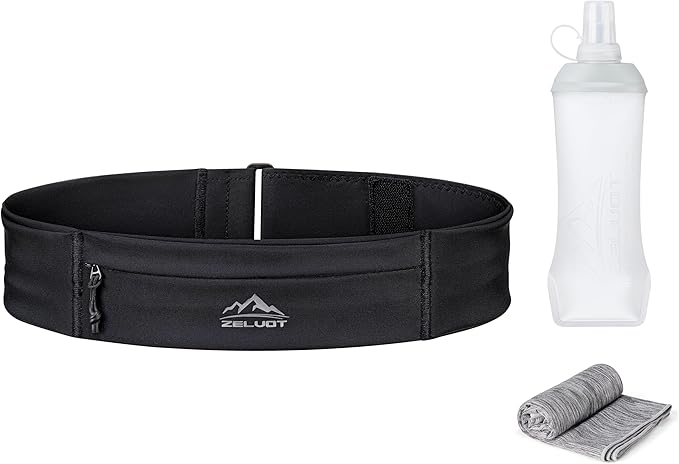 Running Belt with 400ml Soft Flask, Extension Strap & Phone Holder, Adjustable Running Fanny Pack with Gym Towel, Waterproof Belt Bag for Women Men for Jogging Marathon (Black, Large)