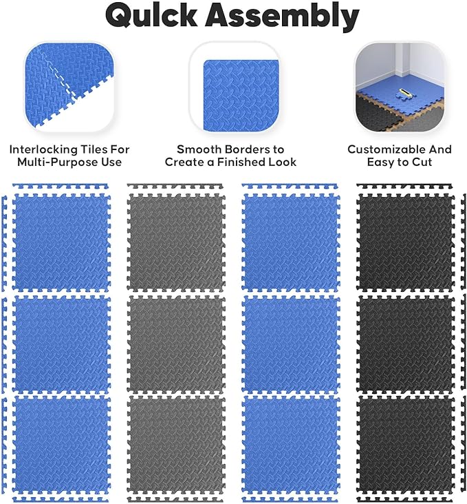Home Gym Mat, Puzzle Exercise Mat, EVA Interlocking Foam Floor Tiles for Home Workout Equipment and Kids' Play Areas - Blue, 24 in x 24 in x ½ in - 24 Tiles (Blue, 24 Pack 96 sq ft)