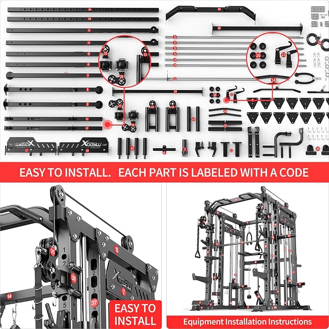 Smith Machine with Cable Crossover System, Multi-Function Power Cage Squat Rack for Home Gym, Power Rack and Packages Weight Sets.