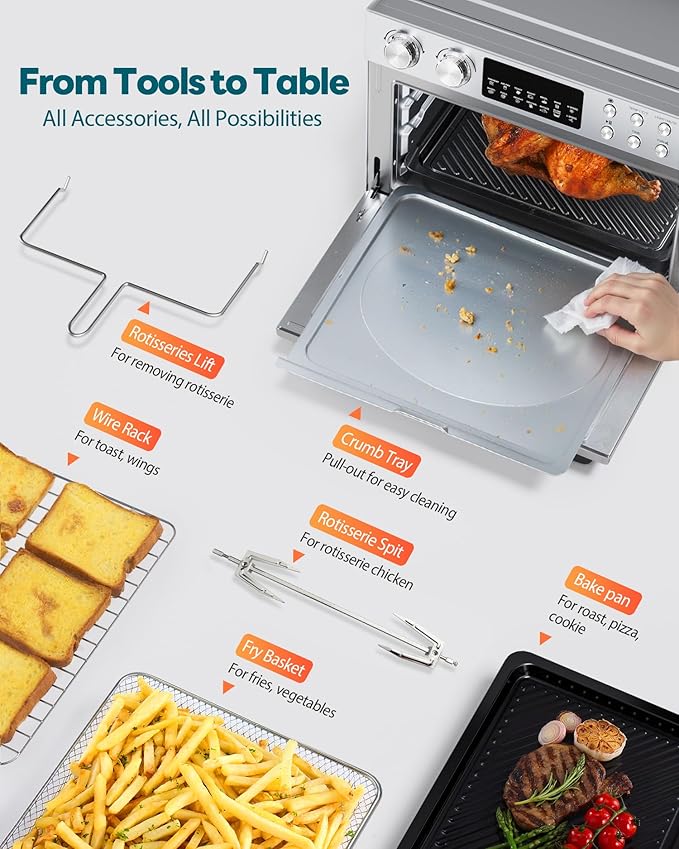 28QT Air Fryer Toaster Oven Combo, Large 12-in-1 Convection Countertop Oven with Next-Gen HeatWave Convection, 3-Layer Cooking, Rotisserie for Chicken, Fits 11" Pizza, Full Accessorie, Stainless Steel