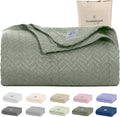 Cloud Scape Linen 100% Cotton Queen Size Blanket, Herringbone Pattern, Lightweight Summer Blanket,Best Gifts for Women, fits Full Size Bed, 92 x 92, Olive Green