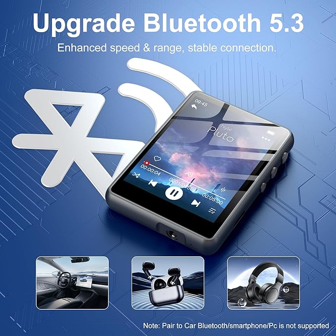 128GB MP3 Player with Bluetooth 5.3 Black, SWOFY M4 Music Player with 2.4" Touch Screen, HD Speaker FM Radio, Recording Support up 128GB