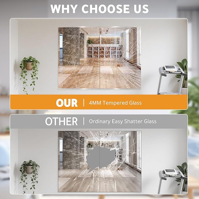 ROOMTEC Workout Mirrors for Home Gym 60"x26"-2PCS, Large Wall Mirror Full Length for Fitness, Yoga, Big Wall Mounted Frameless Glass Mirror for Garage, Dance Studio, Bedroom