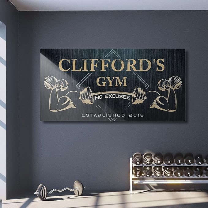 Tailored Canvases Personalized Gym Sign Wall Art Decor - Motivational Canvas for Home Gym, Workout Room, Garage, Fitness Center - Workout Inspirational Posters - Gym Name on Charcoal Background, 48x24in
