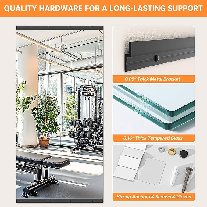 Hasipu 4 Pcs 48''x24'' Home Gym Mirror Large Full Length Wall Mounted Full Body Mirror for Yoga Dance Fitness Exercise Studio Bedroom Garage, Frameless Tempered Glass Workout Mirrors Black Rectangular