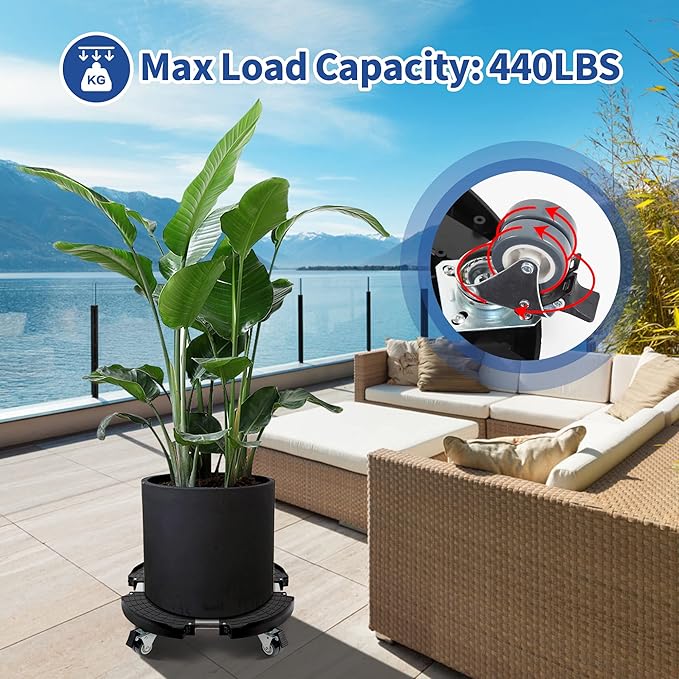 W B D WEIBIDA Plant Caddy with Locking Wheels Heavy Duty, Adjustable 12 to 18 Inch Plant Roller Base, Rolling Pot Stand for Large Planter and Pots, 440 Lbs Capacity Round Dolly for Indoor/Outdoor Use