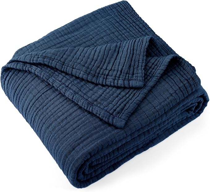 Carriediosa 100% Cotton Muslin Throw Blanket 108" X 90" King Size，4-Layers Summer Gauze Throws for Bed Couch，Soft Lightweight Breathable Linen Blankets Bedspread for Adults All Season，Navy Blue