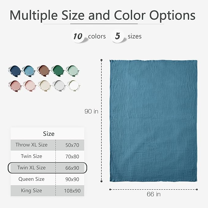 Carriediosa 100% Cotton Muslin Throw Blanket 66" X 90" Twin XL Size，4-Layers Summer Gauze Throws for Bed Couch，Soft Lightweight Breathable Linen Blankets Bedspread for Adults All Season，Dusty Blue