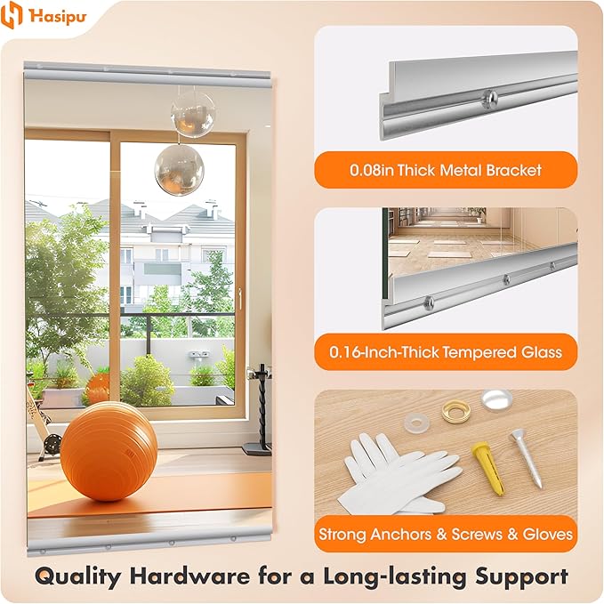 Hasipu Home Gym Mirror 48" L x 24" W - 2PCS Large Full Body Mirror for Yoga, Wall-Mounted Mirrors for Fitness, Garage, Dance Studio, 0.16in Tempered Glass Frameless