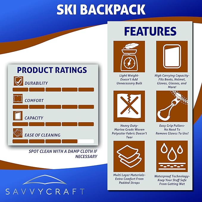 Savvycraft Ski Boot Bag Snowboard Boot Bag, 50L Ski Backpack for Ski and Snowboard Boots, Helmets, Gloves, and Accessories, Lightweight, Durable, Convenient, Red