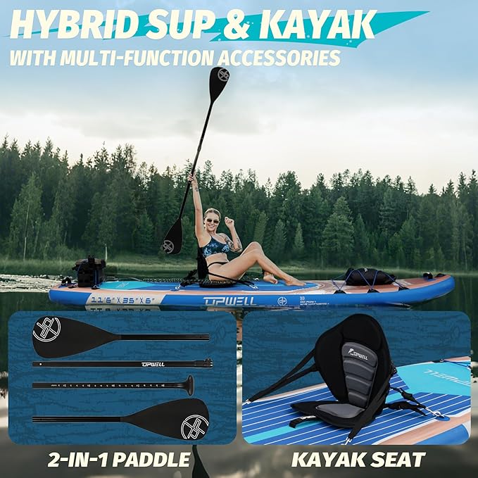UPWELL 10'6"/11'/11'6" Inflatable Paddle Board, Stand Up Paddlboard for Youth & Adults, Stable Design, Premium SUP Accessories, Backpack, Leash, Hand Pump, Fins