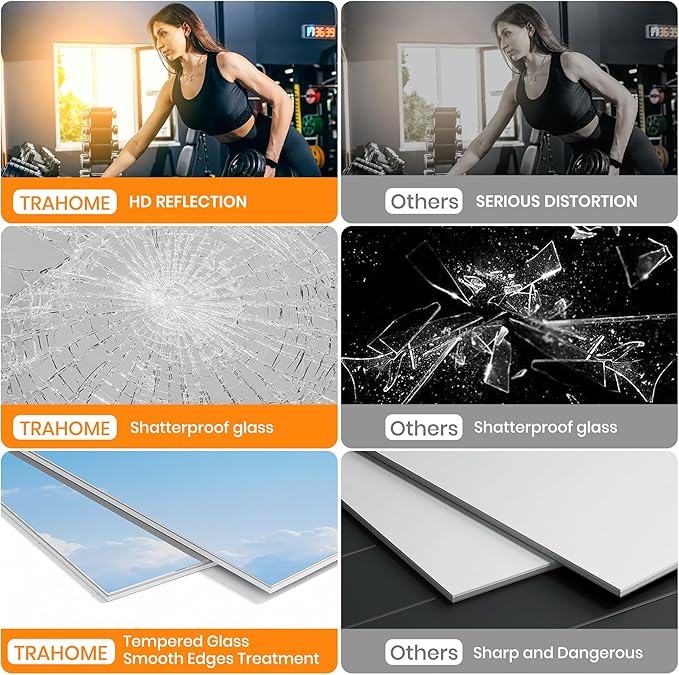ROOMTEC Workout Mirrors for Home Gym 60"x26", Large Wall Mirror Full Length for Fitness, Yoga, Big Wall Mounted Frameless Glass Mirror for Garage, Dance Studio, Bedroom
