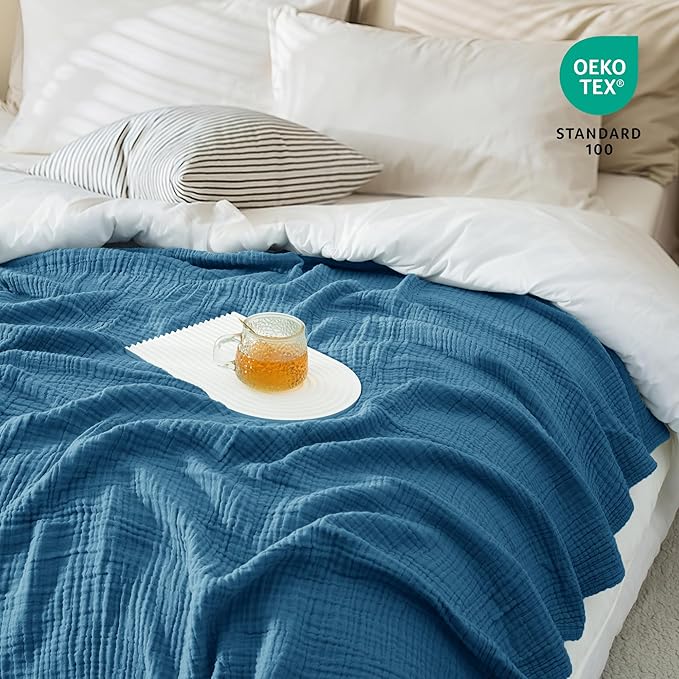 Carriediosa 100% Cotton Muslin Throw Blanket 50" X 70" Throw XL Size，4-Layers Summer Gauze Throws for Bed Couch，Soft Lightweight Breathable Linen Blankets Bedspread for Adults All Season，Dusty Blue