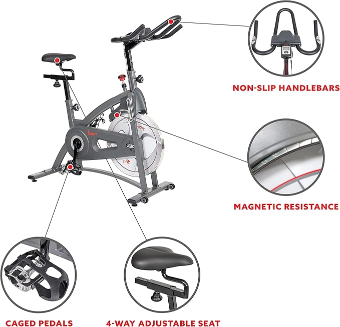 Sunny Health & Fitness Indoor Cycling Exercise Bike w/Pulse Sensors & 4-Way Adjustable Seat, Stationary Home Cardio Training Machine w/Micro-Adjustable Magnetic Resistance for Intensive Cardio Session