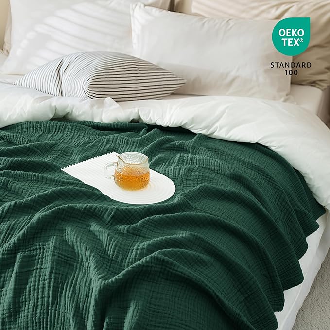 Carriediosa 100% Cotton Muslin Throw Blanket 108" X 90" King Size，4-Layers Summer Gauze Throws for Bed Couch，Soft Lightweight Breathable Linen Blankets Bedspread for Adults All Season，Dark Green