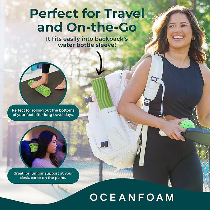 Oceanfoam Ripple Travel Foam Roller (11" x 3.35") Firm Mini Foam Roller for Physical Therapy, Deep Tissue Massage, Back Pain - High Density, Ergonomic Wave Textured - Yoga, Exercise (Algae Green)