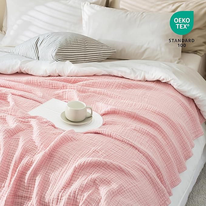Carriediosa 100% Cotton Muslin Throw Blanket 70" X 80" Twin Size，4-Layers Summer Gauze Throws for Bed Couch，Soft Lightweight Breathable Linen Blankets Bedspread for Adults All Season，Dusty Pink