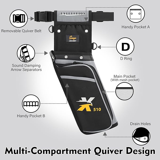 SUNYA X510 Field & Competition Hip Arrow Quiver | 3-Slot Noise-Free Archery Quiver with Sturdy Storage System (42x18cm)