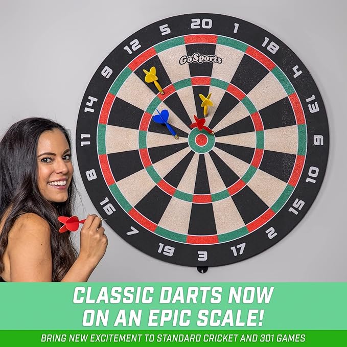 GoSports Giant 3 ft or 4 ft Cork Dartboards - Includes 12 Giant Darts and Scoreboard - New Fun Twist on Darts