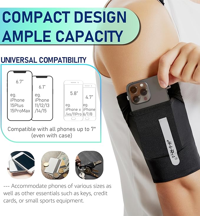 HiRui Running Armband Sleeve Universal Sports Armband Cell Phone Holder Armband for Exercise Workout, Compatible with iPhone 16/15/14/13/Plus/Pro Samsung Galaxy All Phones (M, Black)