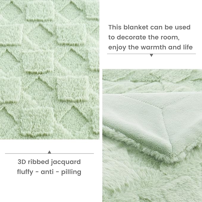 Cozy Bliss Faux Fur Throw Blanket for Couch - Soft Checkered Fuzzy Cozy Throw Gift Blankets for Women,Sage Green Boho Blanket for Sofa Bedroom Living Room.60 * 80 Inches