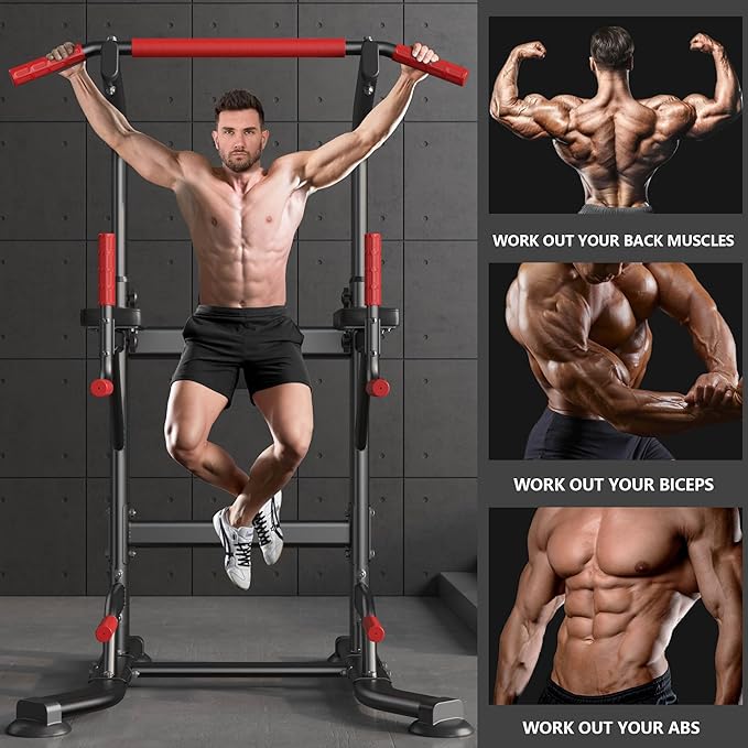 soges Pull Up Bar Dip Station, Power Tower with Boxing Speed Ball & Spinning Target, Adjustable Height Dip Stand Strength Training Fitness Workout Station, Assistive Trainer Pull Up Stand