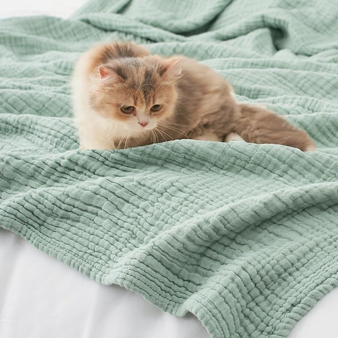 Carriediosa 100% Cotton Muslin Throw Blanket 90" X 90" Queen Size，4-Layers Summer Gauze Throws for Bed Couch，Soft Lightweight Breathable Linen Blankets Bedspread for Adults All Season，Sage Green