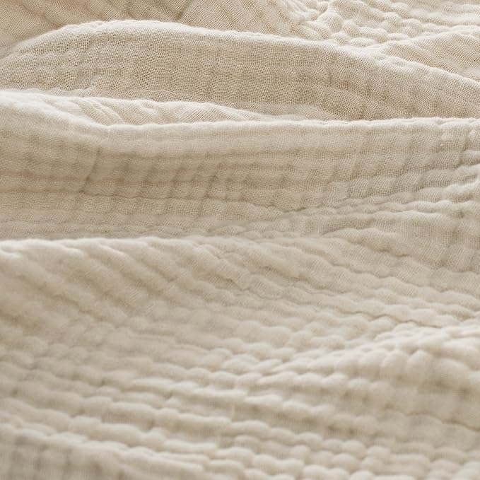 Carriediosa 100% Cotton Muslin Throw Blanket 70" X 80" Twin Size，4-Layers Summer Gauze Throws for Bed Couch，Soft Lightweight Breathable Linen Blankets Bedspread for Adults All Season，Khaki